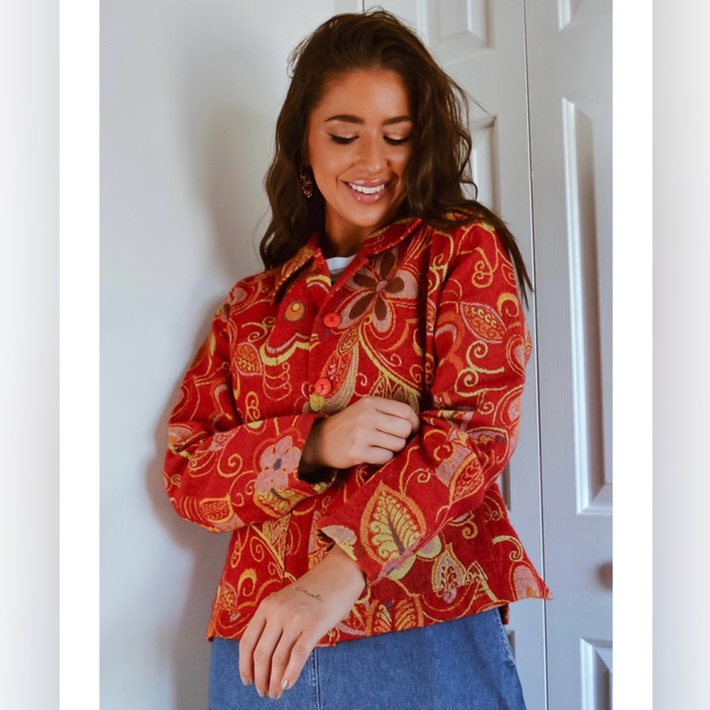 Anu by Natural Jacket‎ Blazer Large Womens Floral Tapestry Artsy Tweed Lagenlook